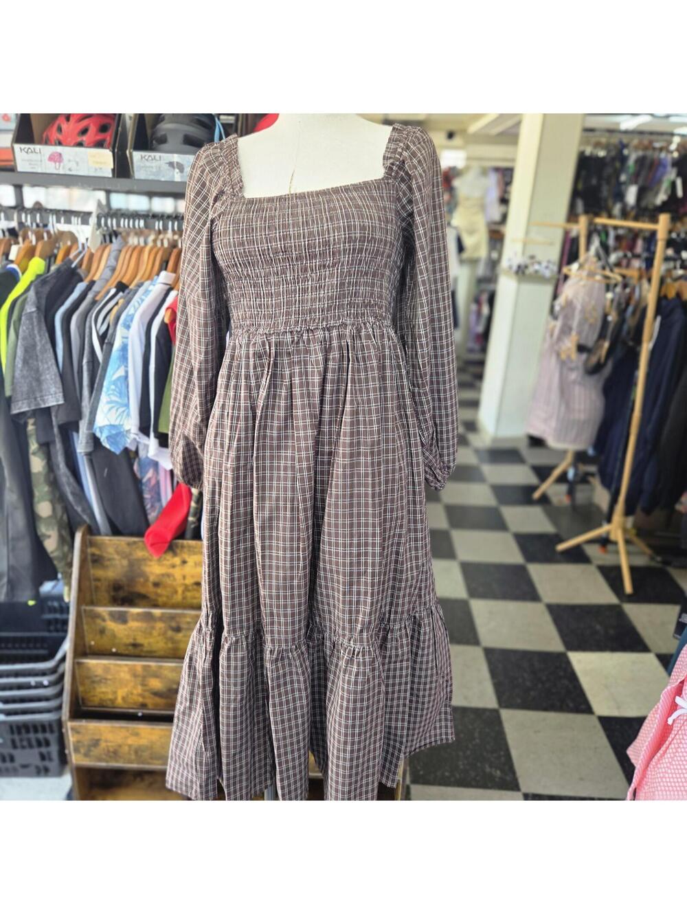 Smocked Square Neck High-Low Midi Dress in Brown Plaid